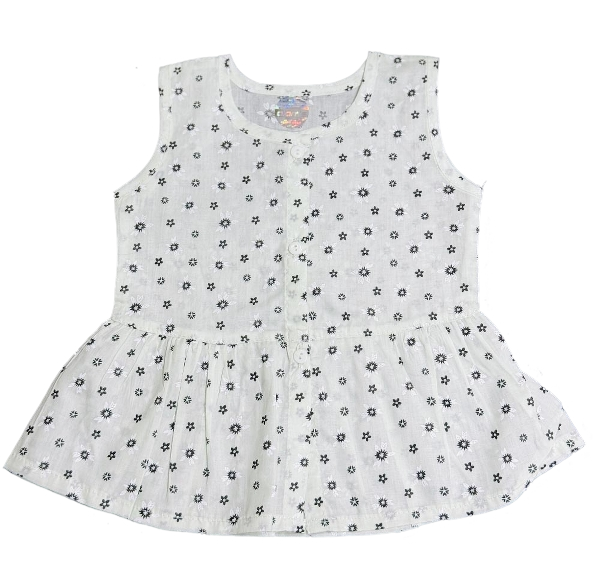 মেয়ে শিশুর ফুল প্রিন্ট মসলিন ফ্রক — Sleeveless Flared Frock for Baby Girls | সাদা-কালো ফুলের ডিজাইন